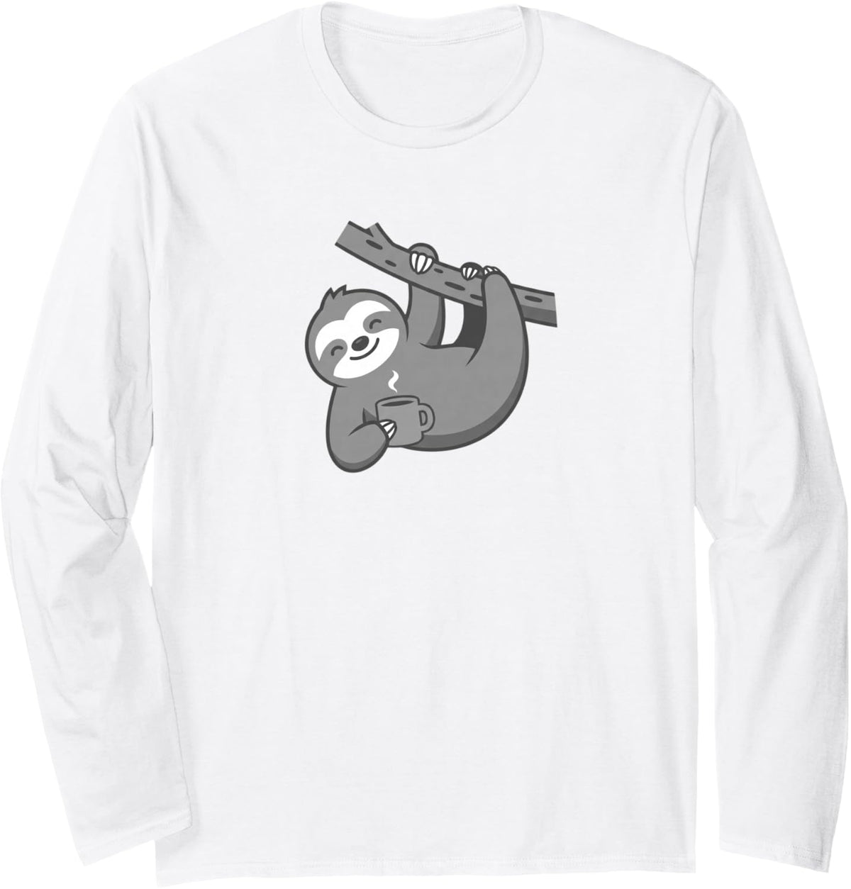 Cute Winter Sloth Drinking Hot Cocoa Illustration Long Sleeve T-Shirt - Adult Unisex White