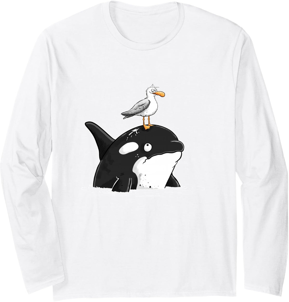 Orca Seagull Hand Drawn Cartoon Long Sleeve T-Shirt - Adult Unisex White