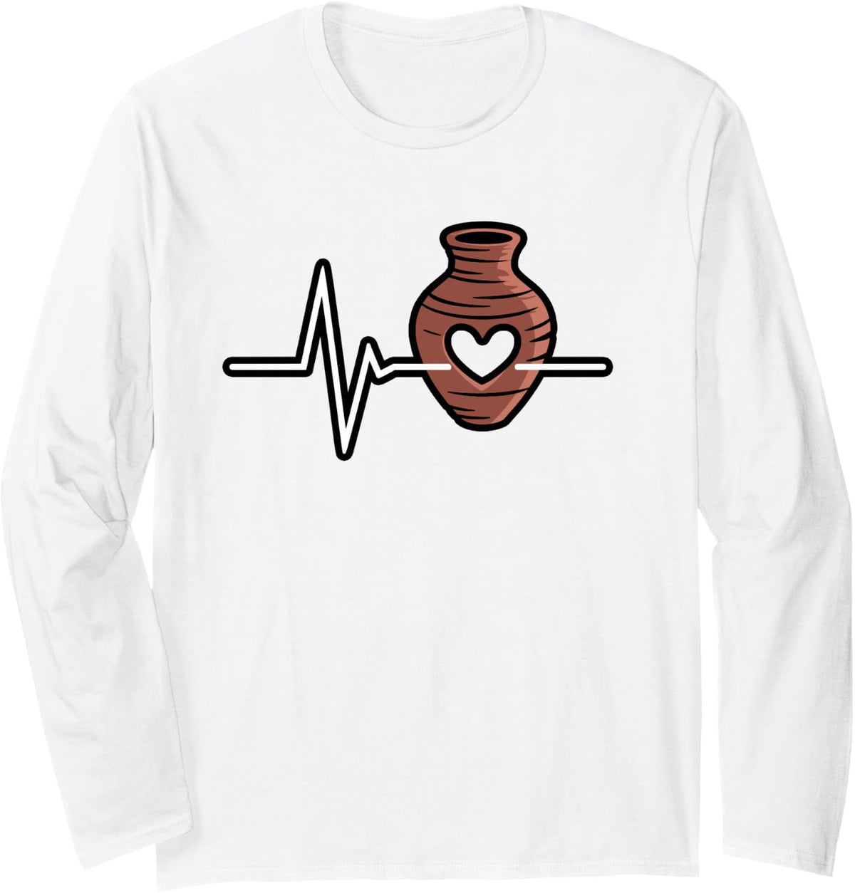 Pottery Heartbeat with Clay Wheel Line Art Long Sleeve T-Shirt - Adult Unisex White