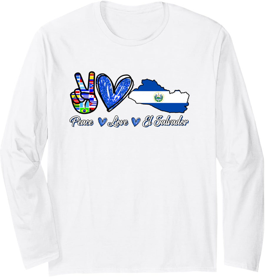 Peace Love El Salvador Flag Hispanic Heritage Month Long Sleeve T-Shirt - Adult Unisex White