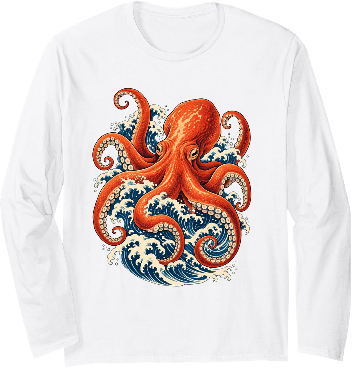 Japanese Wave Red Octopus Ocean Creature Art Long Sleeve T-Shirt - Adult Unisex White