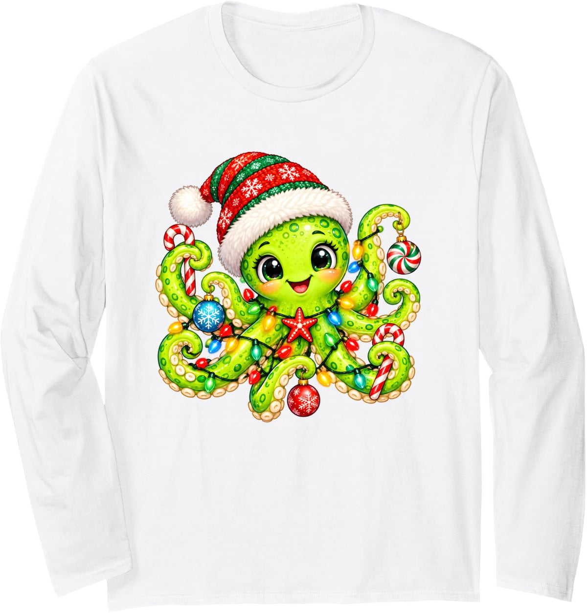 Funny Cool Christmas Octopus Holiday Lights Ocean Long Sleeve T-Shirt - Adult Unisex White