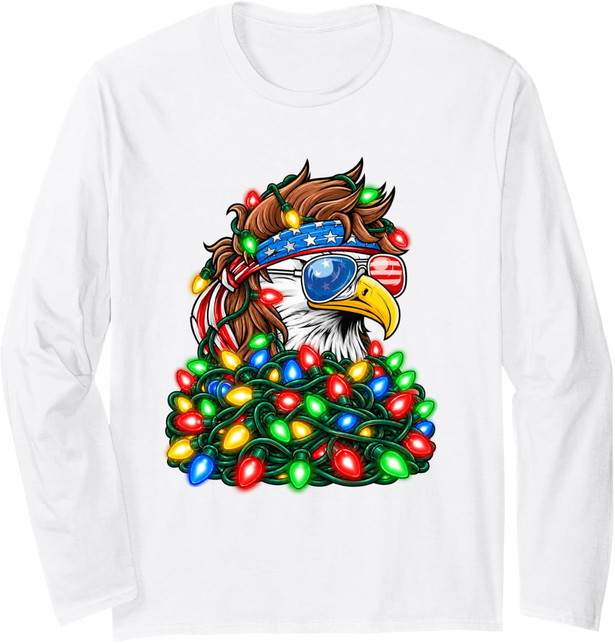 Bald Eagle Christmas Lights Long Sleeve T-Shirt - Adult Unisex White