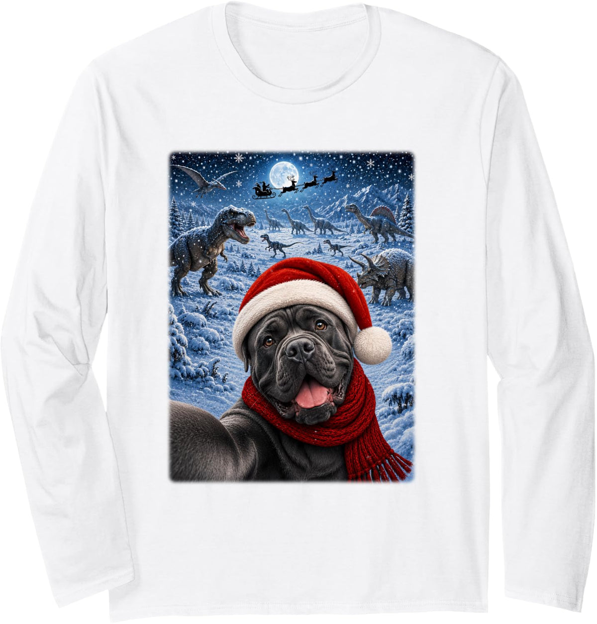 Cane Corso Dog Christmas Moon Night Starry Dinosaurs Xmas Long Sleeve T-Shirt - Adult Unisex White