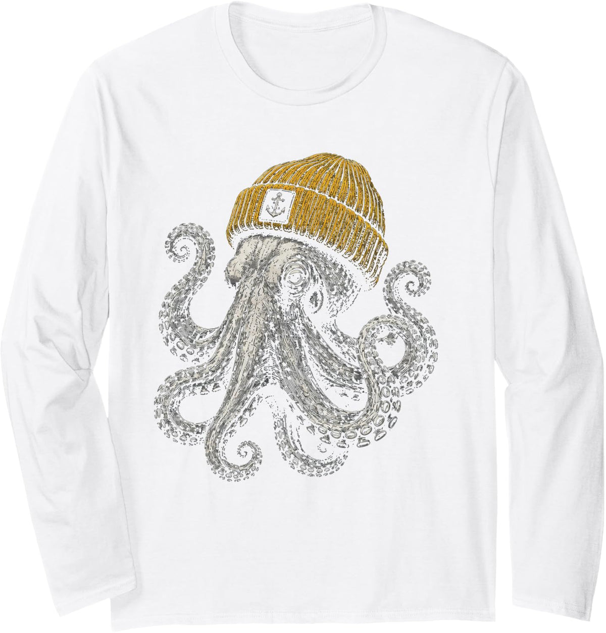 Winter Octopus Wearing Beanie Cute Ocean Animal Art Long Sleeve T-Shirt - Adult Unisex White