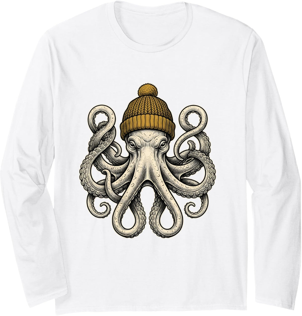 Octopus Wearing Beanie Winter Octopus Marine Biology Ocean Long Sleeve T-Shirt - Adult Unisex White