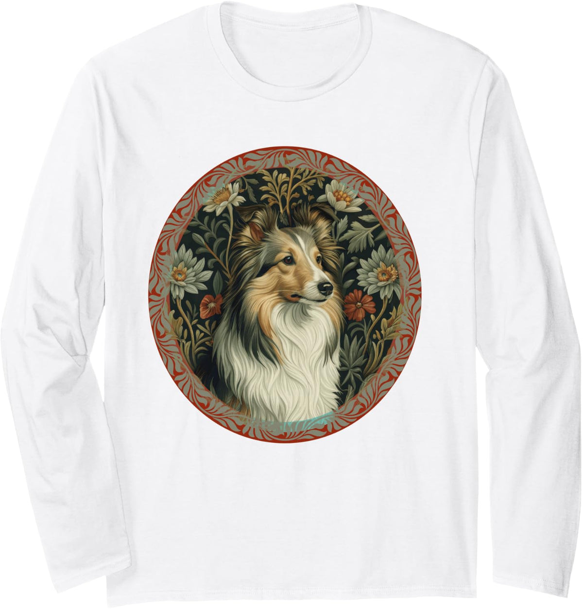 Shetland Sheepdog Vintage Floral Sheltie Long Sleeve T-Shirt - Adult Unisex White