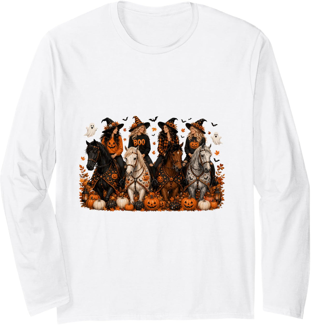 Halloween Horse Riding Witch Cowgirl Autumn Equestrian Ghost Long Sleeve T-Shirt - Adult Unisex White