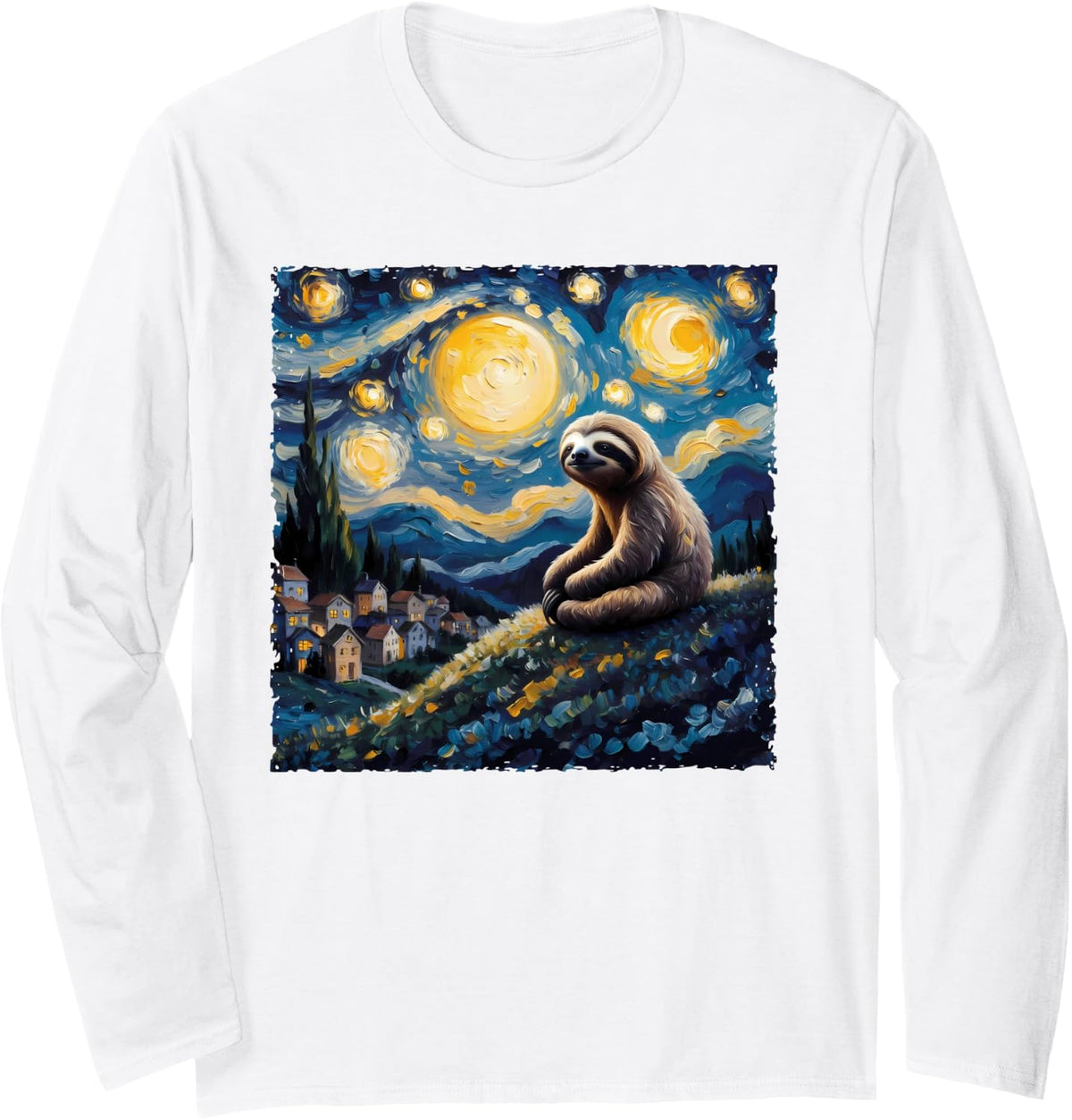 Van Gogh Style Funny Sloth Lover The Starry Night Painting Long Sleeve T-Shirt - Adult Unisex White