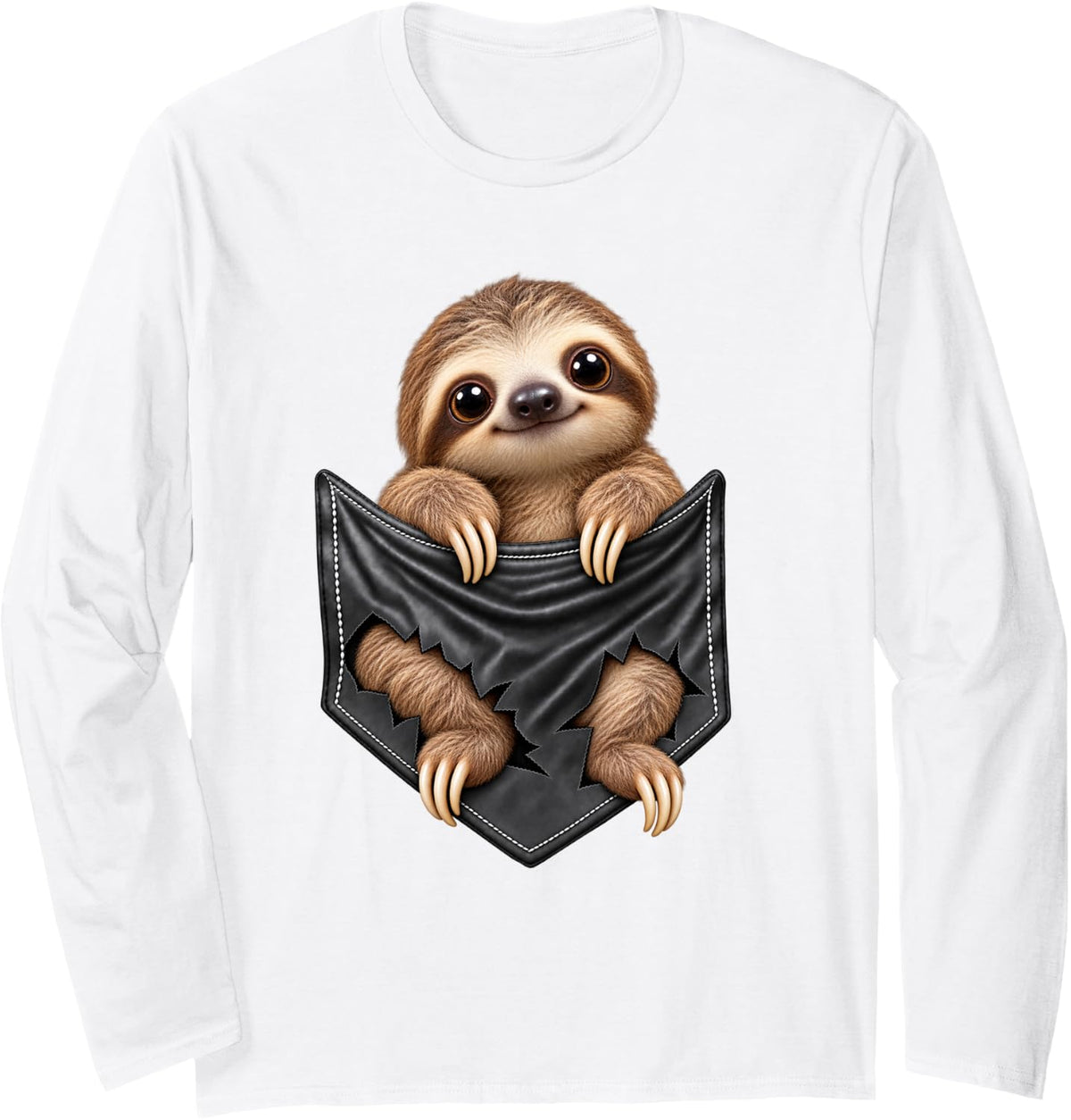 Funny Sloth Pocket for Men and Women Cute Animal Graphic Long Sleeve T-Shirt - Adult Unisex White