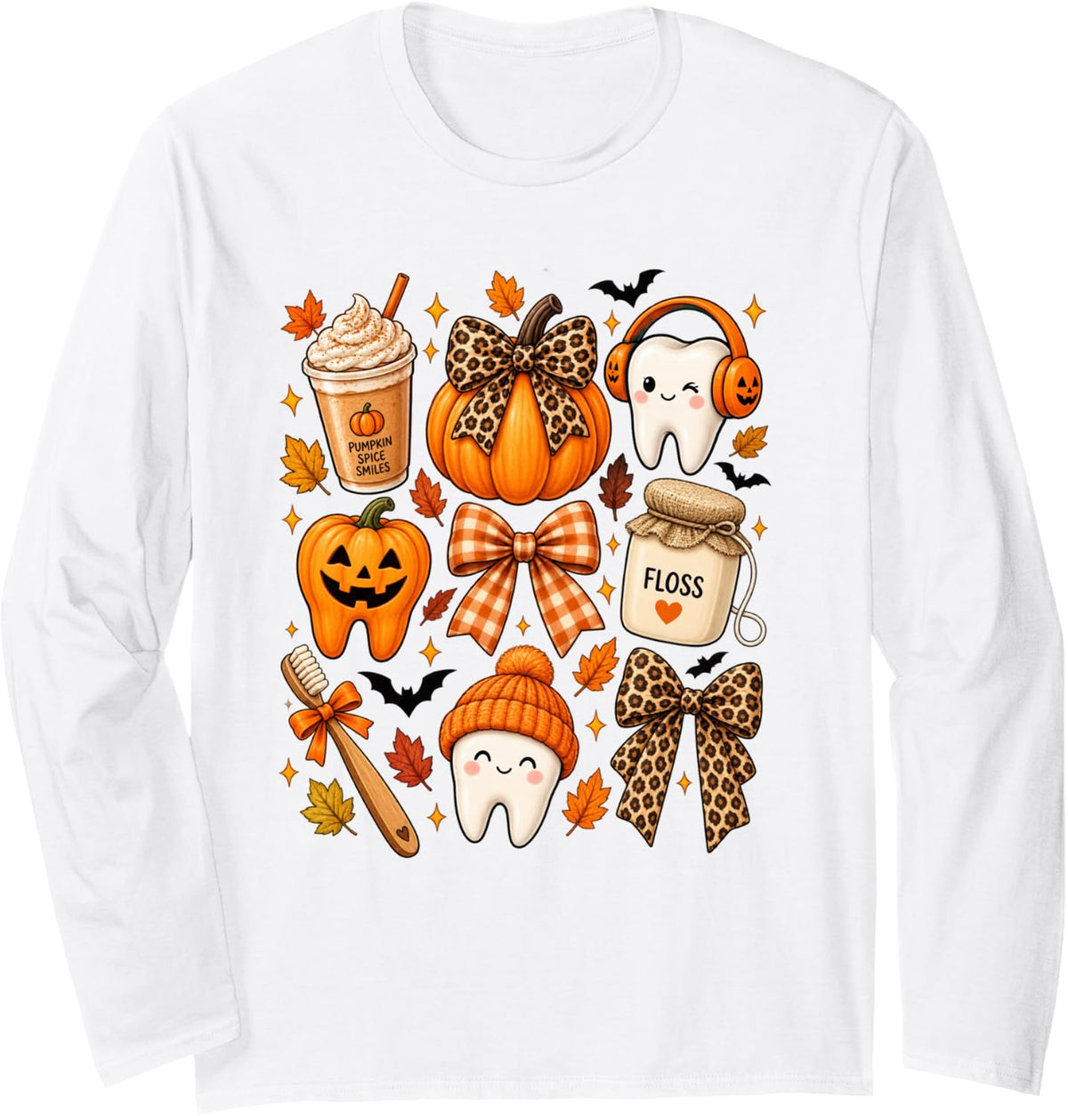 Cute Dental Halloween Pumpkin Spice Tooth Long Sleeve T-Shirt - Adult Unisex White