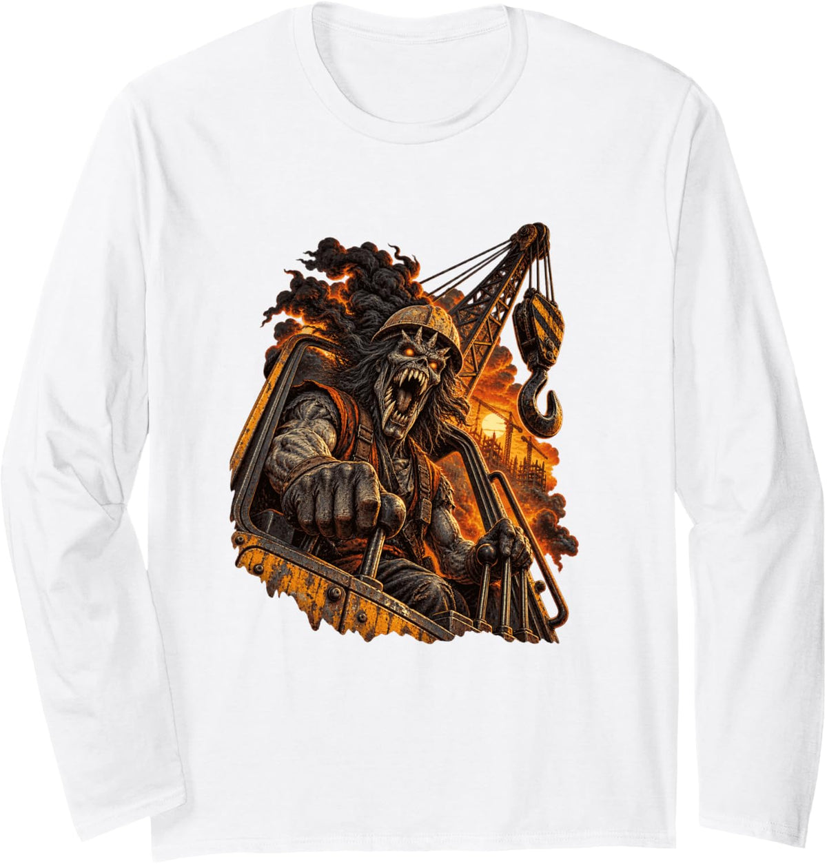 Crane Operator Screaming Skull Heavy Equipment Art Long Sleeve T-Shirt - Adult Unisex White
