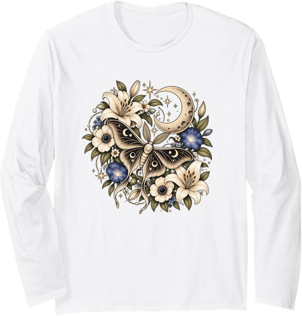Celestial Moth Crescent Moon Floral Flowers Stars Vintage Long Sleeve T-Shirt - Adult Unisex White