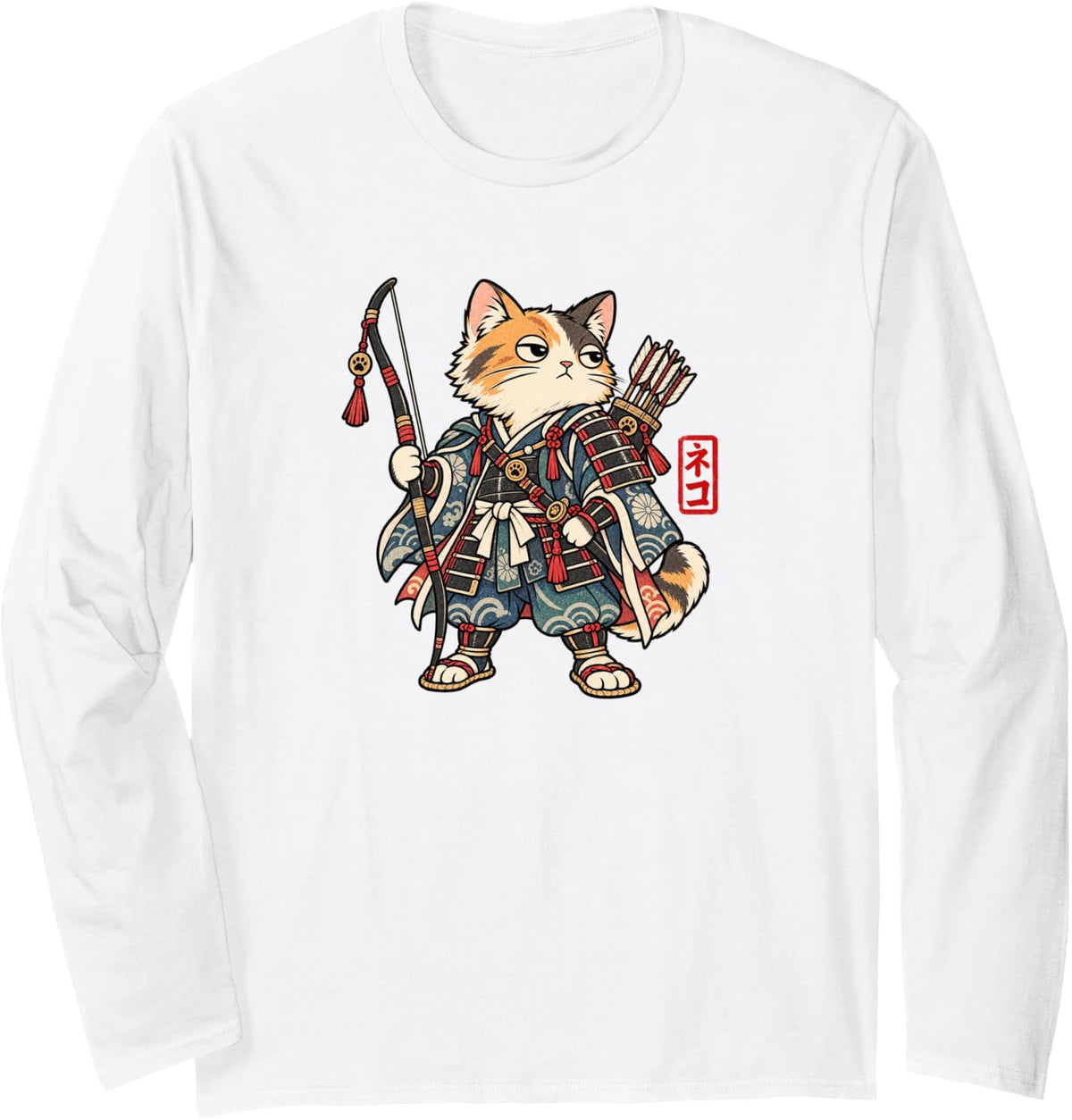Calico Cat Samurai Archer Japanese Warrior Vintage Art Long Sleeve T-Shirt - Adult Unisex White