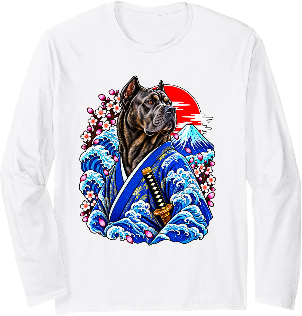 Samurai Cane Corso Warrior Ukiyoe Japanese Artwork Dog Long Sleeve T-Shirt - Adult Unisex White
