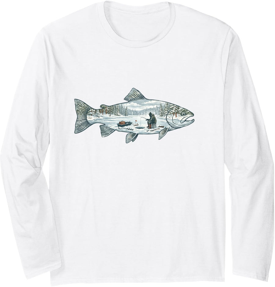 Ice Fishing Outdoor Fisherman Trout Fish Ice Fishing Long Sleeve T-Shirt - Adult Unisex White