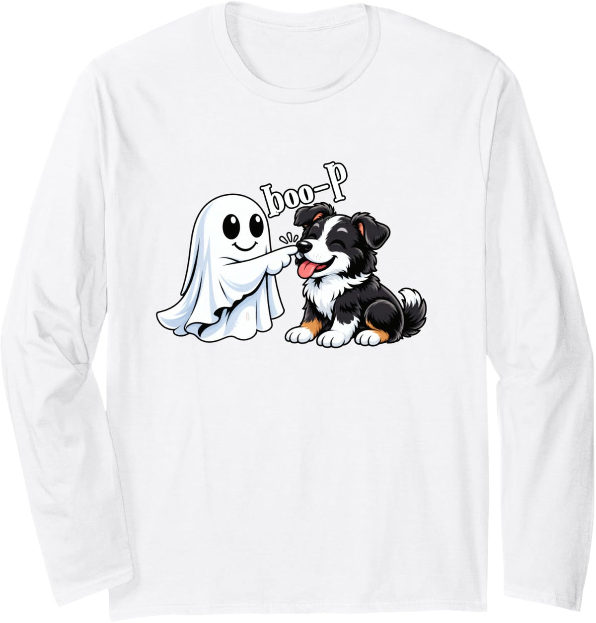 Border-Collie Boo P Ghost Nose Boop Halloween Dog Lover Long Sleeve T-Shirt - Adult Unisex White