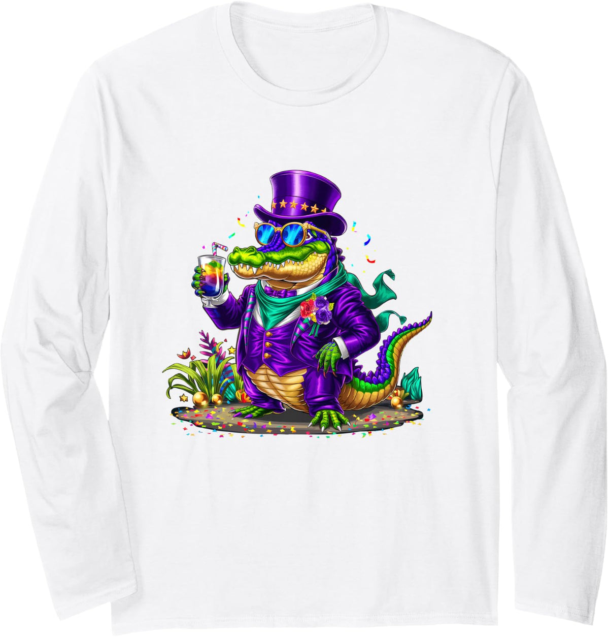 Alligator Mardi Gras Carnival Outfit For Mens Womens Kids Long Sleeve T-Shirt - Adult Unisex White