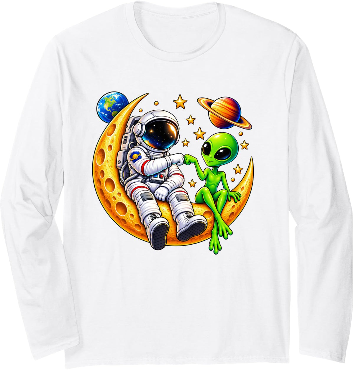 Astronaut Alien Friends Moon Space Cosmic Friendship Galaxy Long Sleeve T-Shirt - Adult Unisex White
