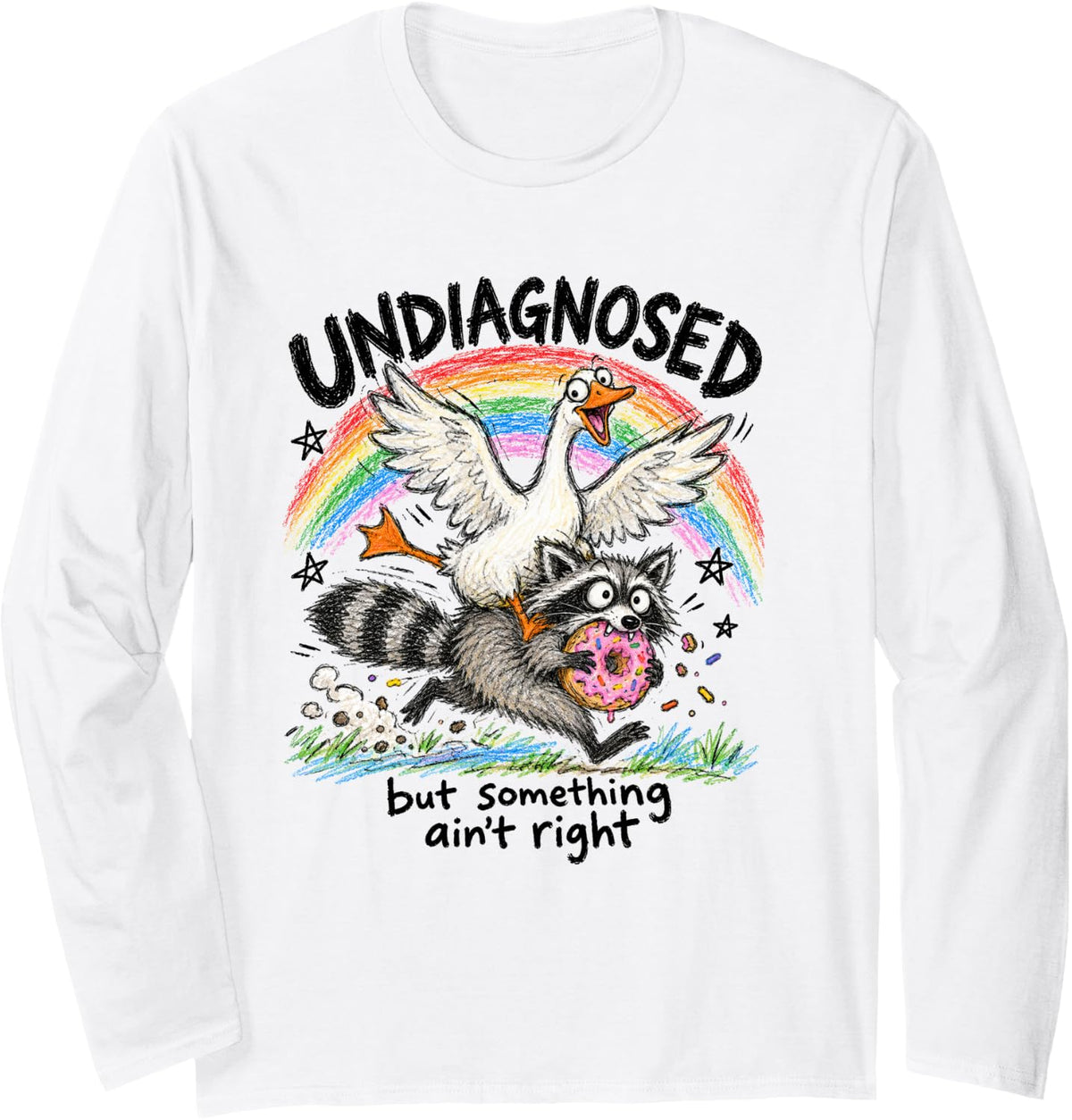 Silly Goose Raccoon Chaos Funny Animal Rainbow Donut Humor Long Sleeve T-Shirt - Adult Unisex White