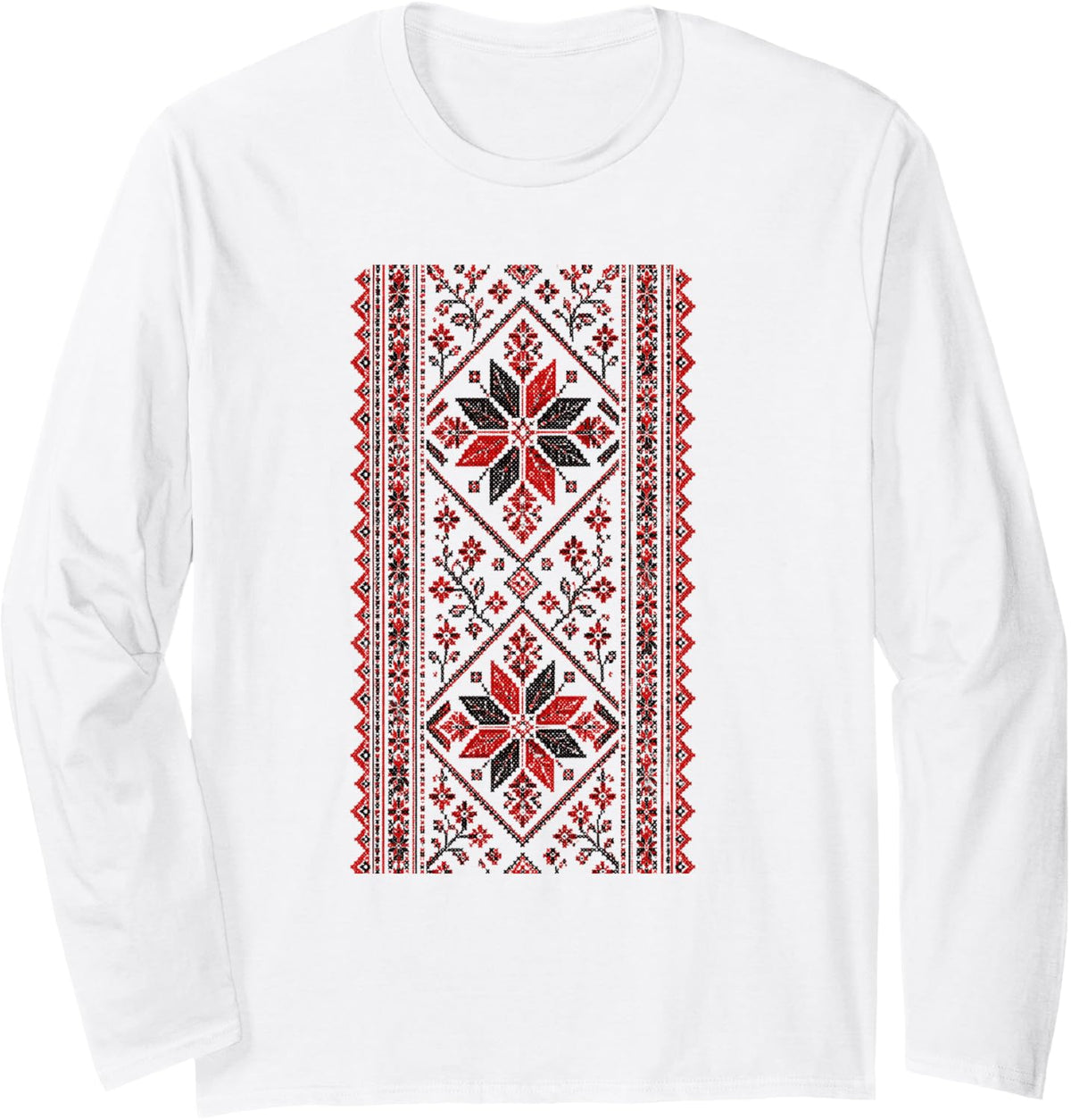 Traditional Ukrainian Embroidery Pattern Long Sleeve T-Shirt - Adult Unisex White