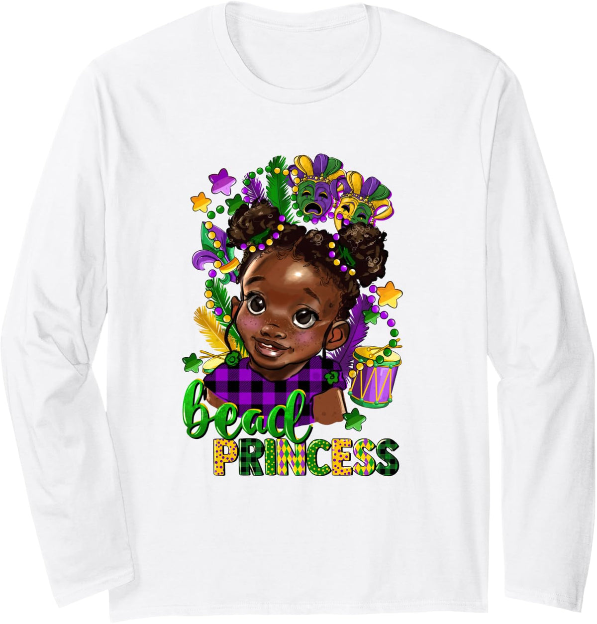 Mardi Gras Black Girl Bead Princess Happy New Year Long Sleeve T-Shirt - Adult Unisex White