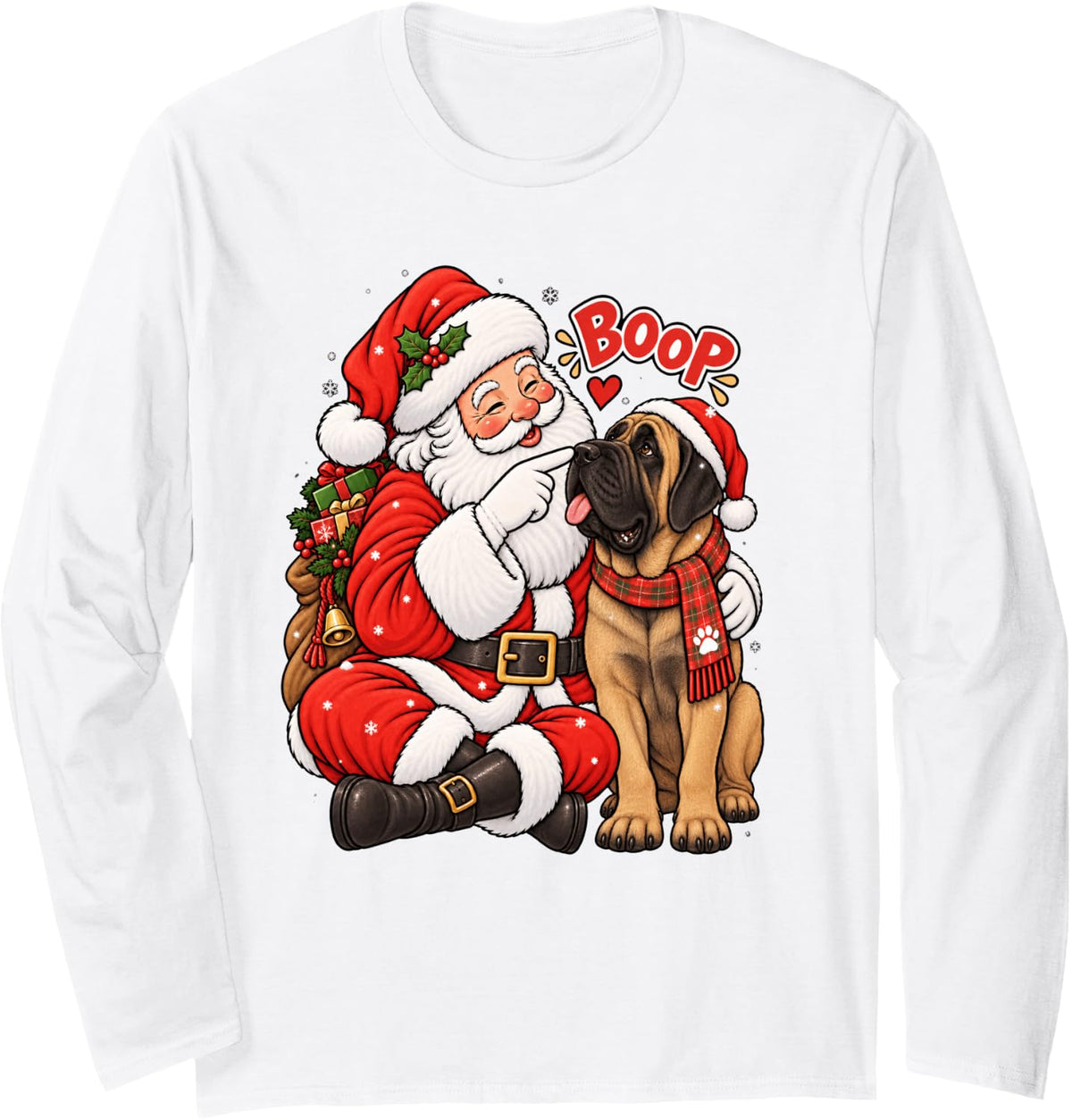 Funny Mastiff Boop Santa Christmas Long Sleeve T-Shirt - Adult Unisex White