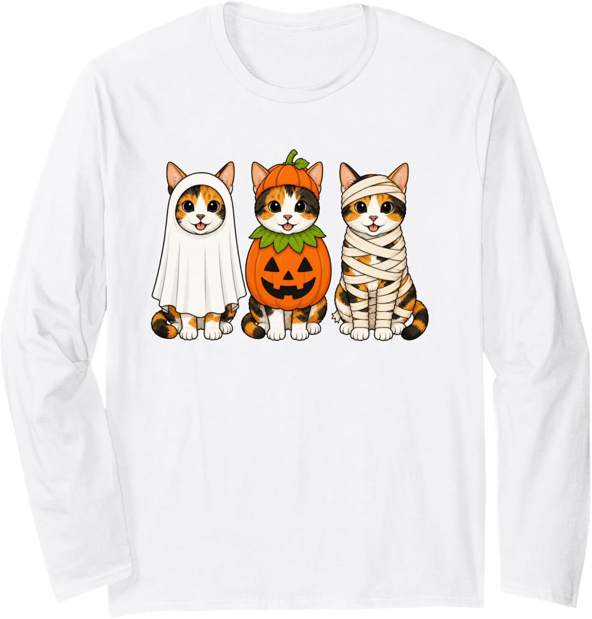 Spooky Calico Cat Pumpkin Ghost Halloween Long Sleeve T-Shirt - Adult Unisex White