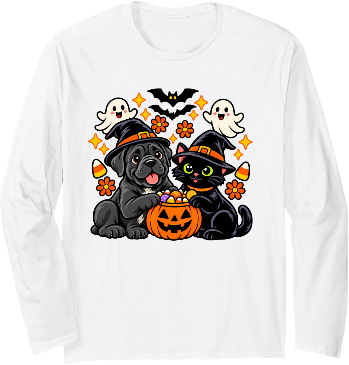 Funny Cane Corso Dog and Black Cat Pumpkin Halloween Long Sleeve T-Shirt - Adult Unisex White