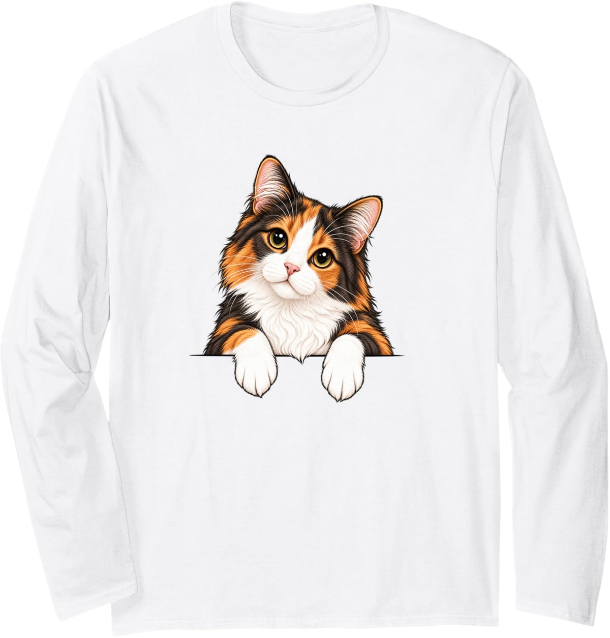 Beautiful Womens Girls Illustration Pocket Calico Cat Lover Long Sleeve T-Shirt - Adult Unisex White