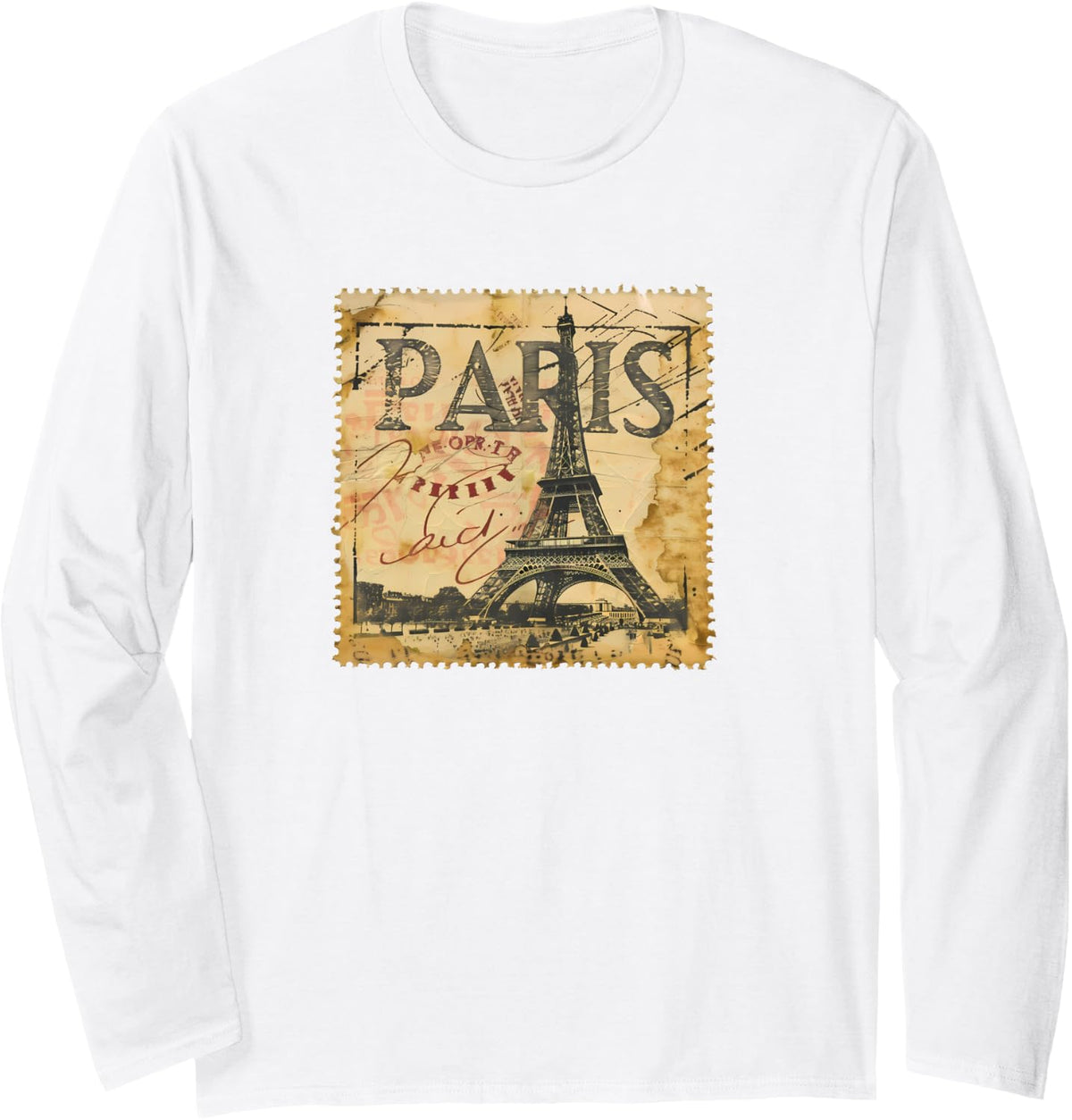 Vintage Paris Eiffel Tower Stamp 5 Long Sleeve T-Shirt - Adult Unisex White