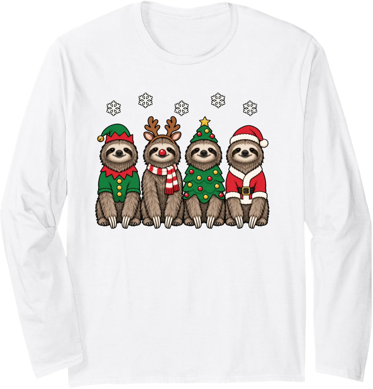 Sloth Christmas Reindeer Santa Long Sleeve T-Shirt - Adult Unisex White