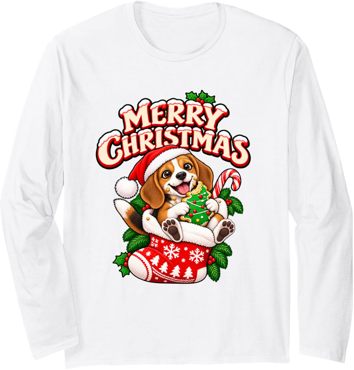 Merry Christmas Happy Beagle Cute Stocking Funny Long Sleeve T-Shirt - Adult Unisex White