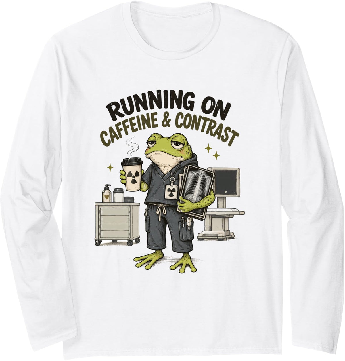 Coffee Radiology Rad Tech Frog Running On Caffeine Contrast Long Sleeve T-Shirt - Adult Unisex White