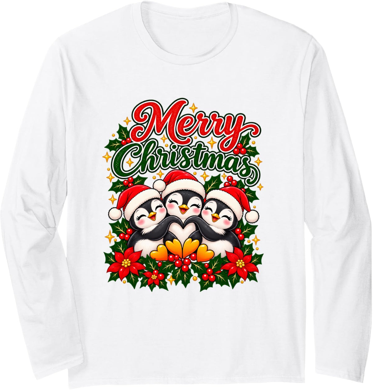 Merry Christmas Penguin Cute Happy Holiday Heart Men Women Long Sleeve T-Shirt - Adult Unisex White