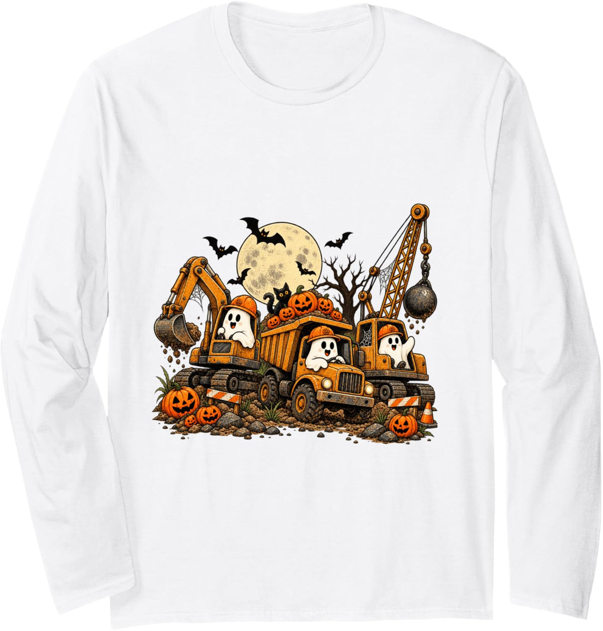 Halloween Construction Ghost Excavator Dump Truck Crane Long Sleeve T-Shirt - Adult Unisex White