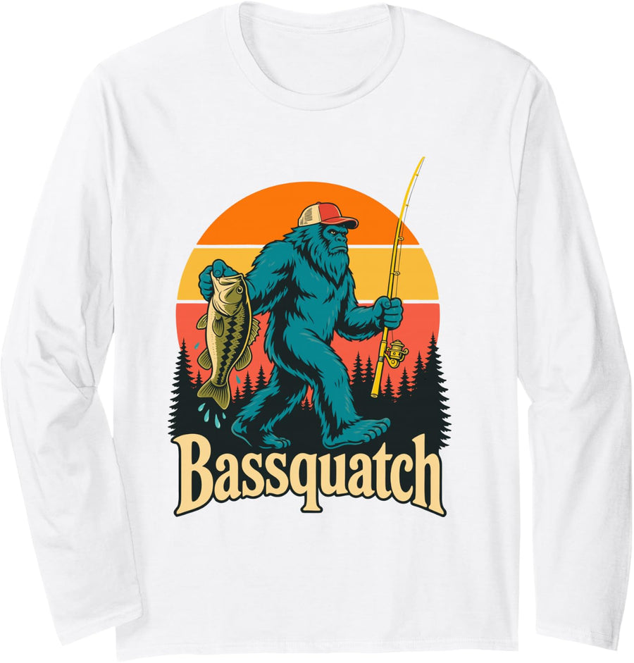 Bass Fishing Sasquatch Bigfoot Angler Bass Long Sleeve T-Shirt - Adult Unisex White