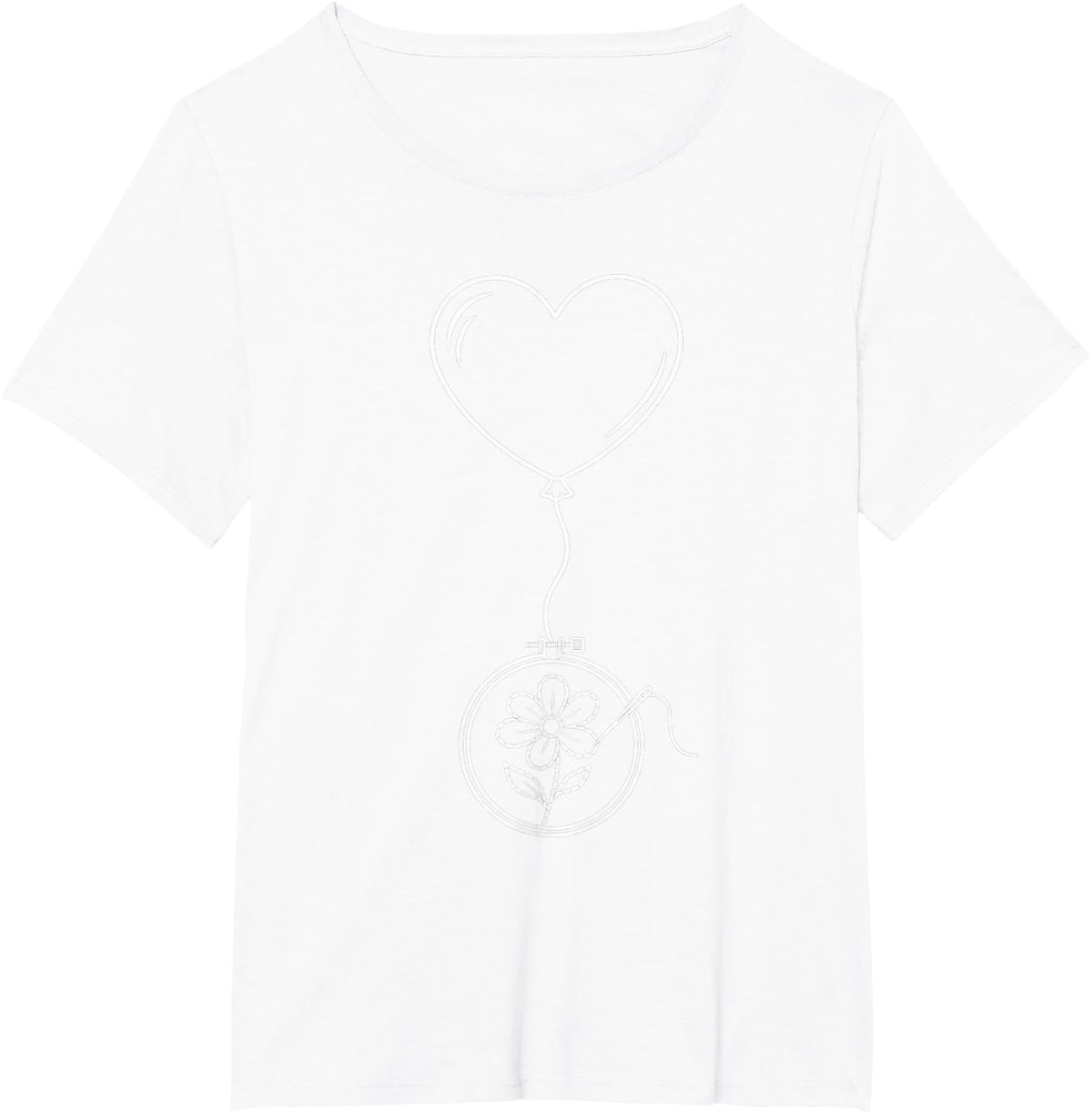 Heart Balloon Embroidery - White Line Art T-Shirt - White