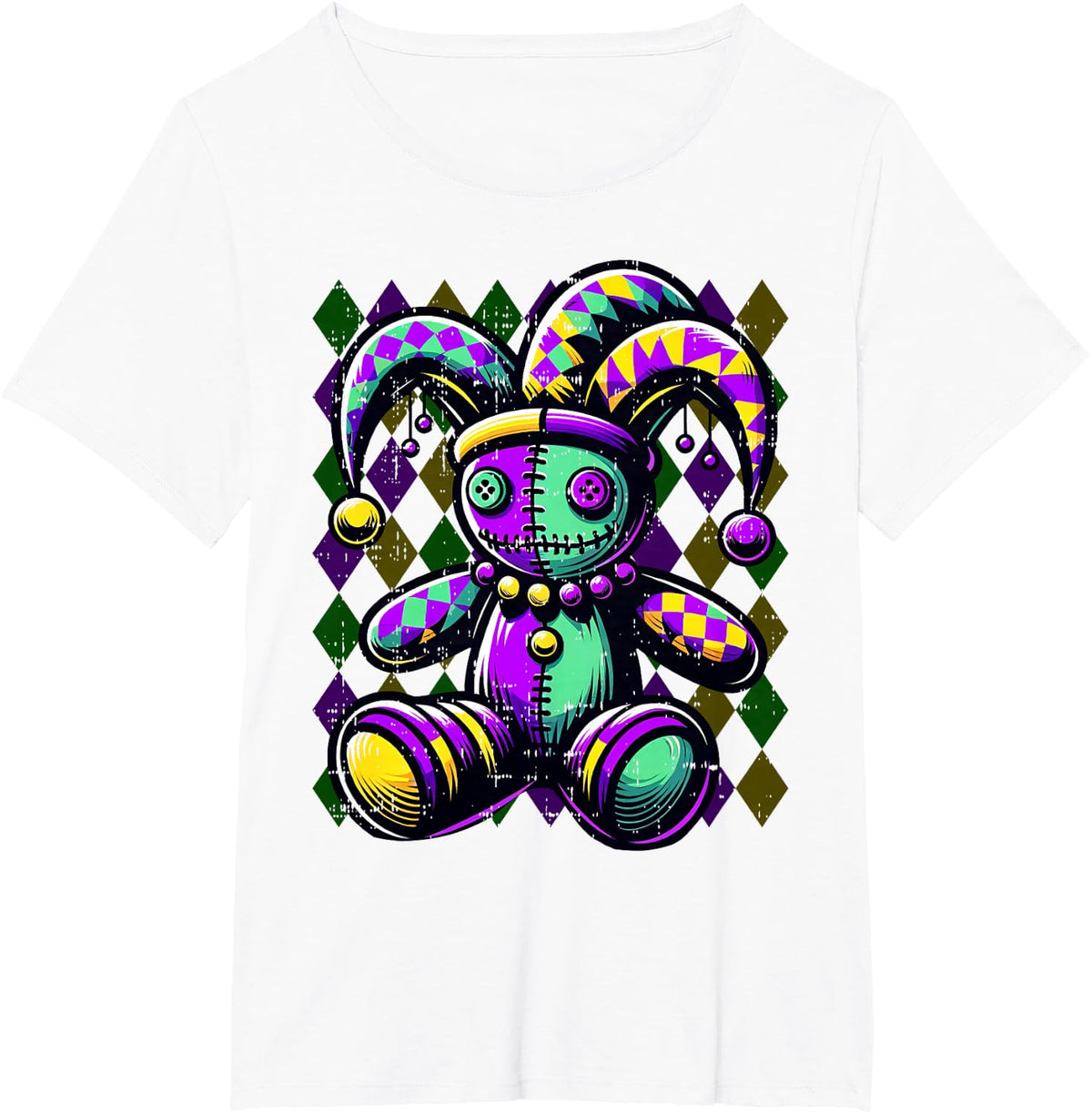 Voodoo Doll Mardi Gras Witch Outfit Women Girl Jester Hat T-Shirt - White