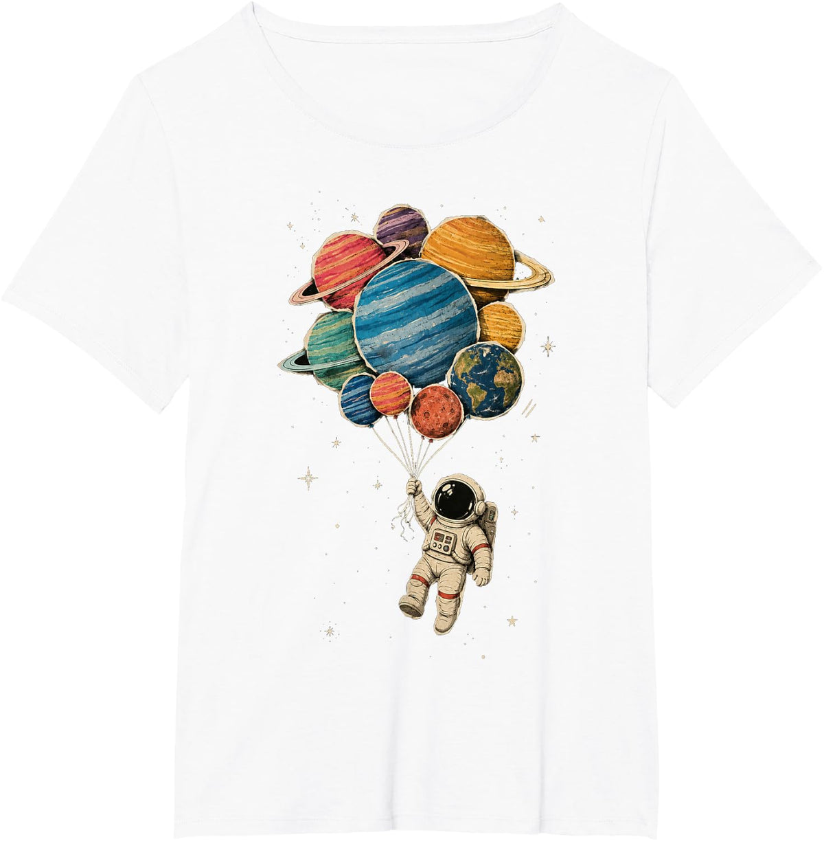 Vintage Space Theme - Astronaut Planet Balloons Space T-Shirt - White