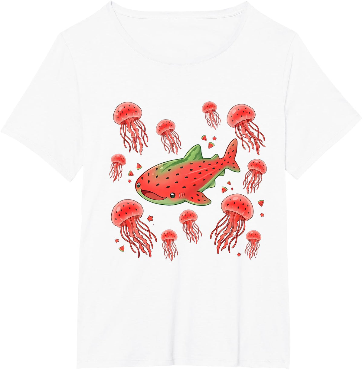 Cute Watermelon Whale Shark Jellyfish Kawaii Summer T-Shirt - White