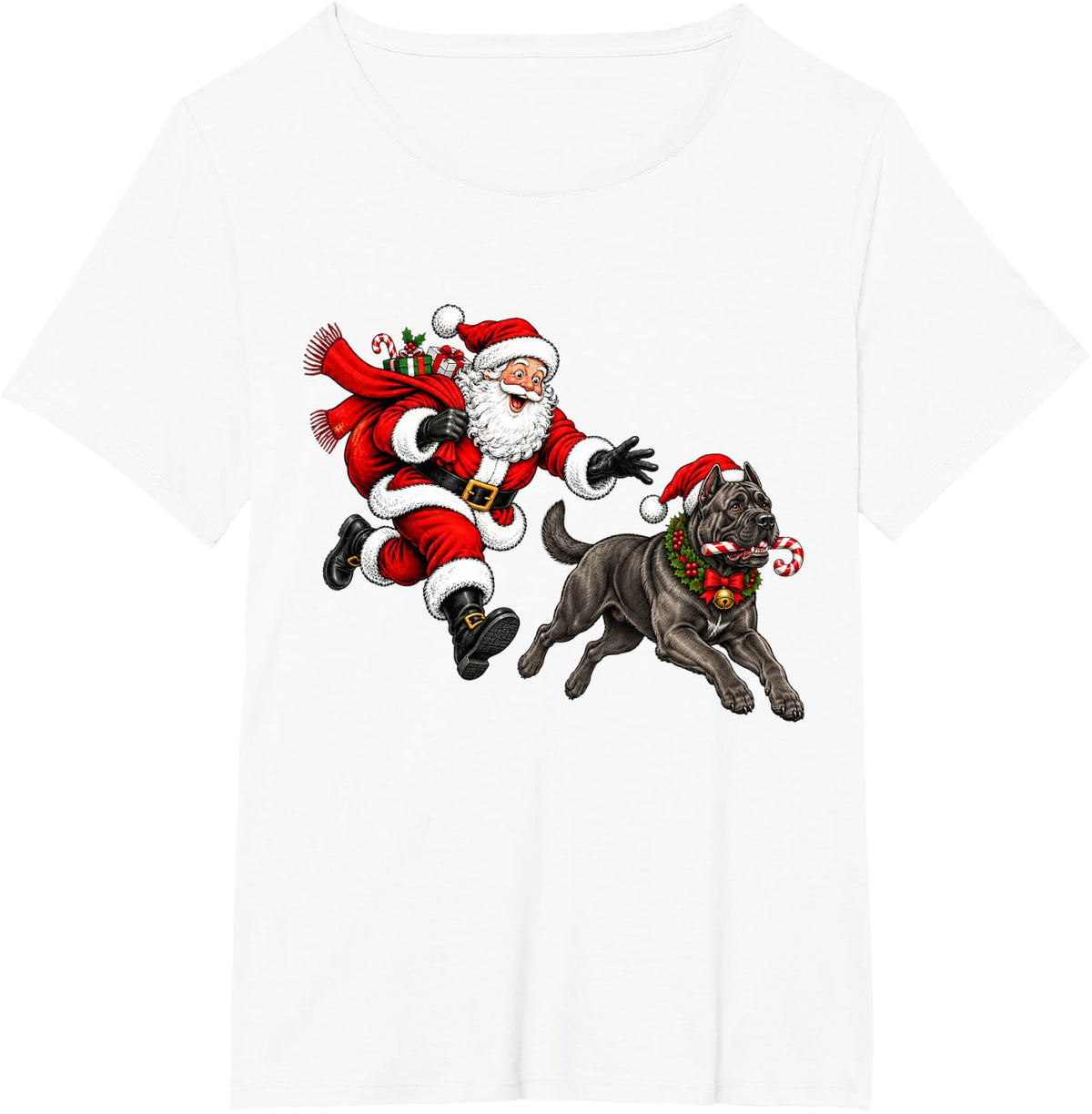 Funny Santa Chasing Cane Corso Christmas Dog Mom Pet T-Shirt - White