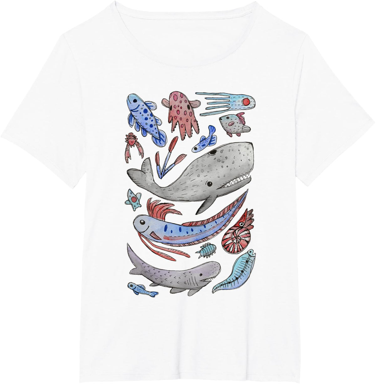 Deep Sea Ocean Creatures Oarfish Whale Shark Watercolor T-Shirt - White