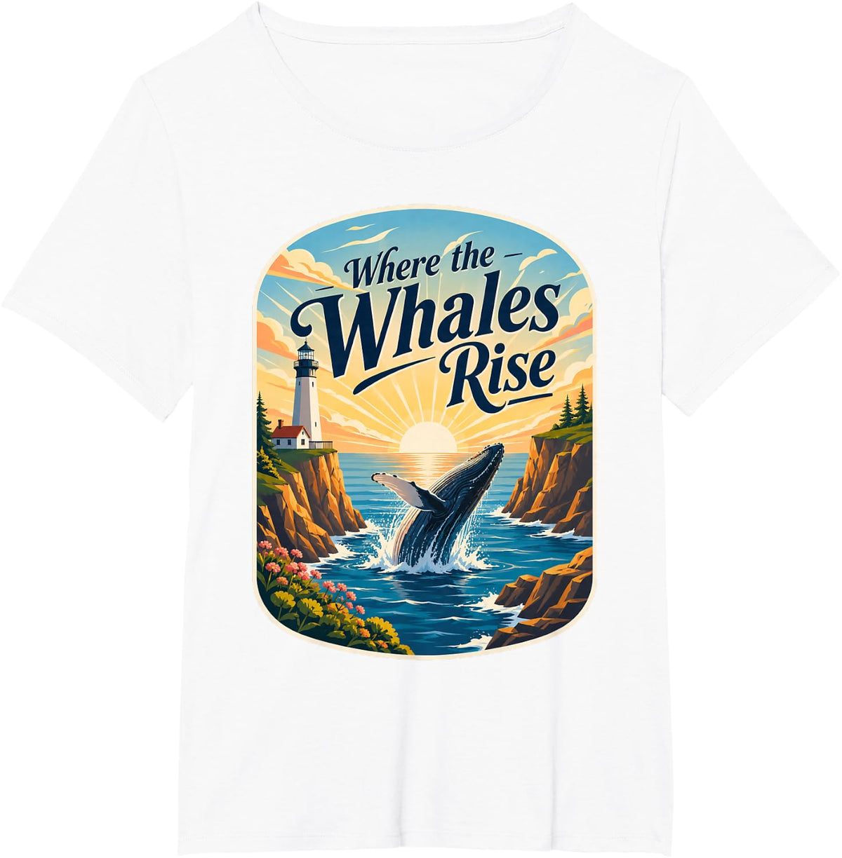 Where The Whales Rise Coastal Lighthouse Humpback T-Shirt - White