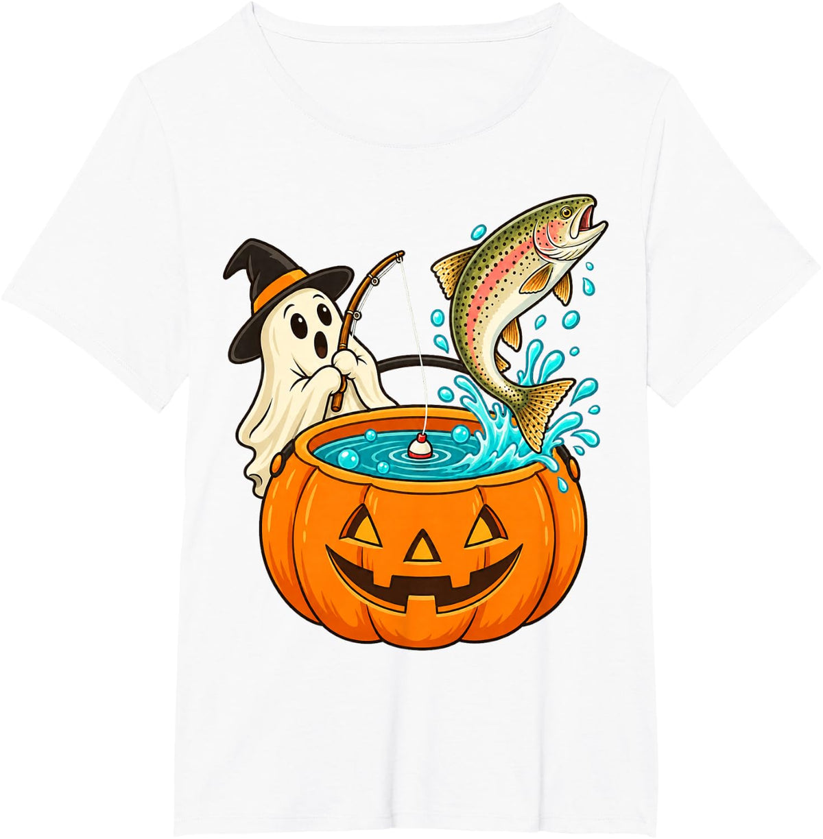 Ghost Fishing Trout Pumpkin Pond Halloween T-Shirt - White