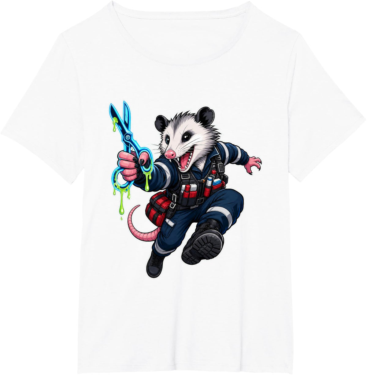 EMT Paramedic Trauma Shears Opossum Emergency Crew Graphic T-Shirt - White