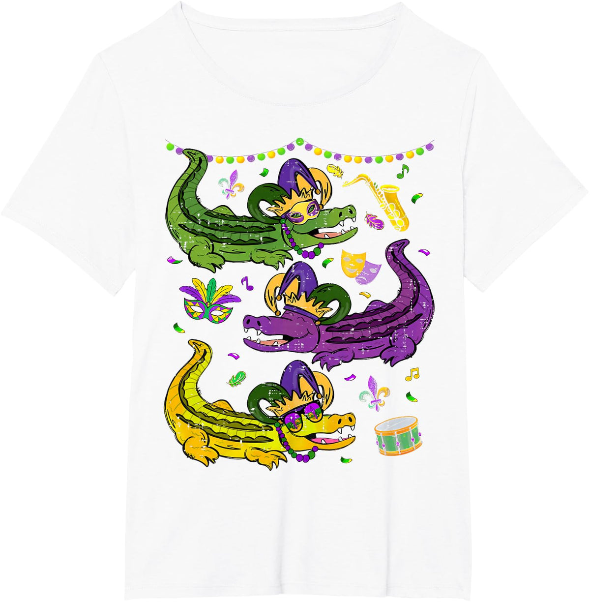 Mardi Gras Alligator Mask Beads Festival Men Women Kid T-Shirt - White