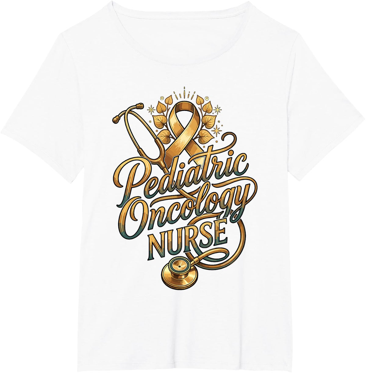 Pediatric Oncology Nurse Gold Ribbon Medical Stethoscope T-Shirt - White
