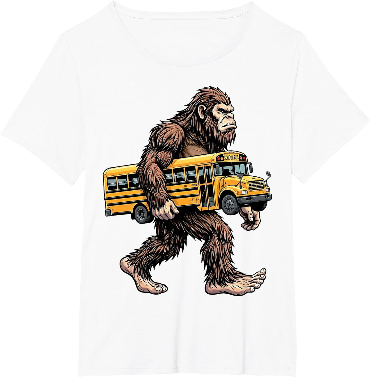 Bigfoot Carrying School Bus Funny Sasquatch Back to School T-Shirt - White