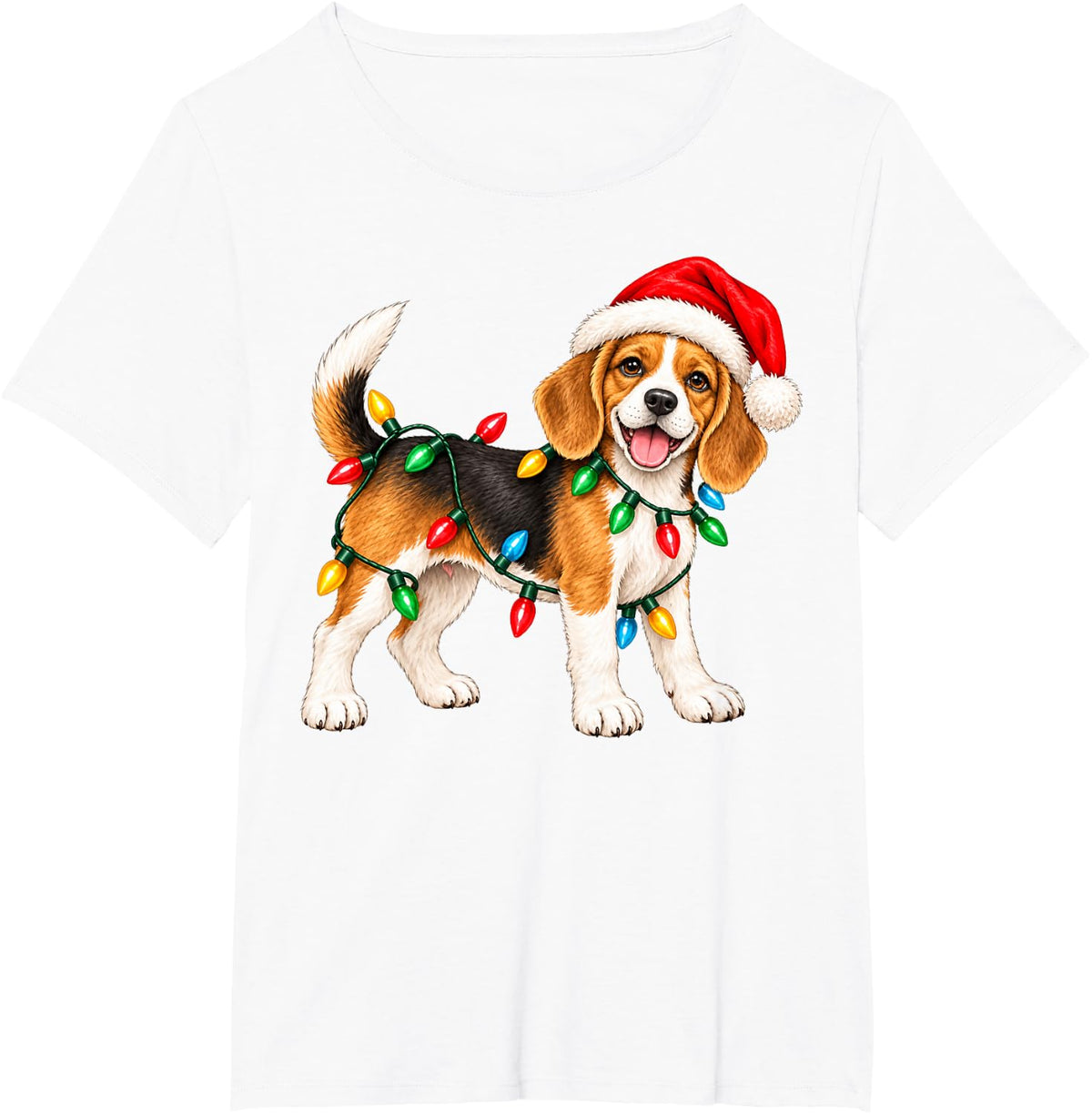 Christmas Beagle Dog Holiday Puppy Lights Hat Santa Design T-Shirt - White